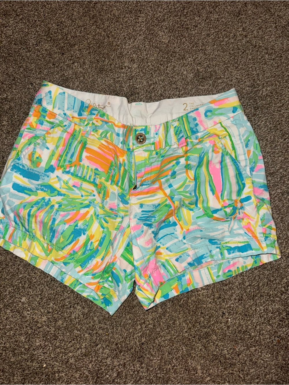 Lilly Pulitzer High-Waist Abstract Print Shorts — Aqua, Pink, Yellow & Green